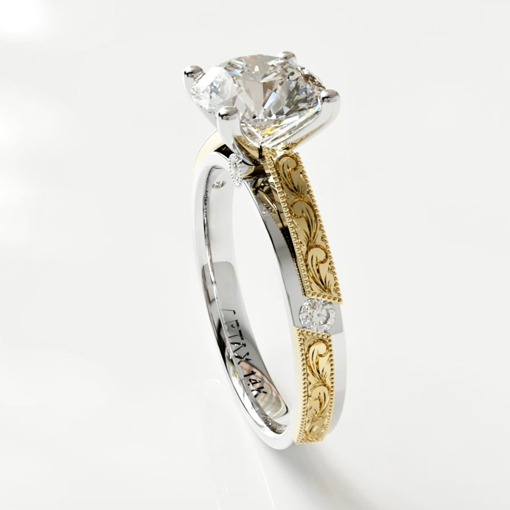 AMALFI-E. 14K Scrolls Hand-Engraved Diamond Engagement Ring