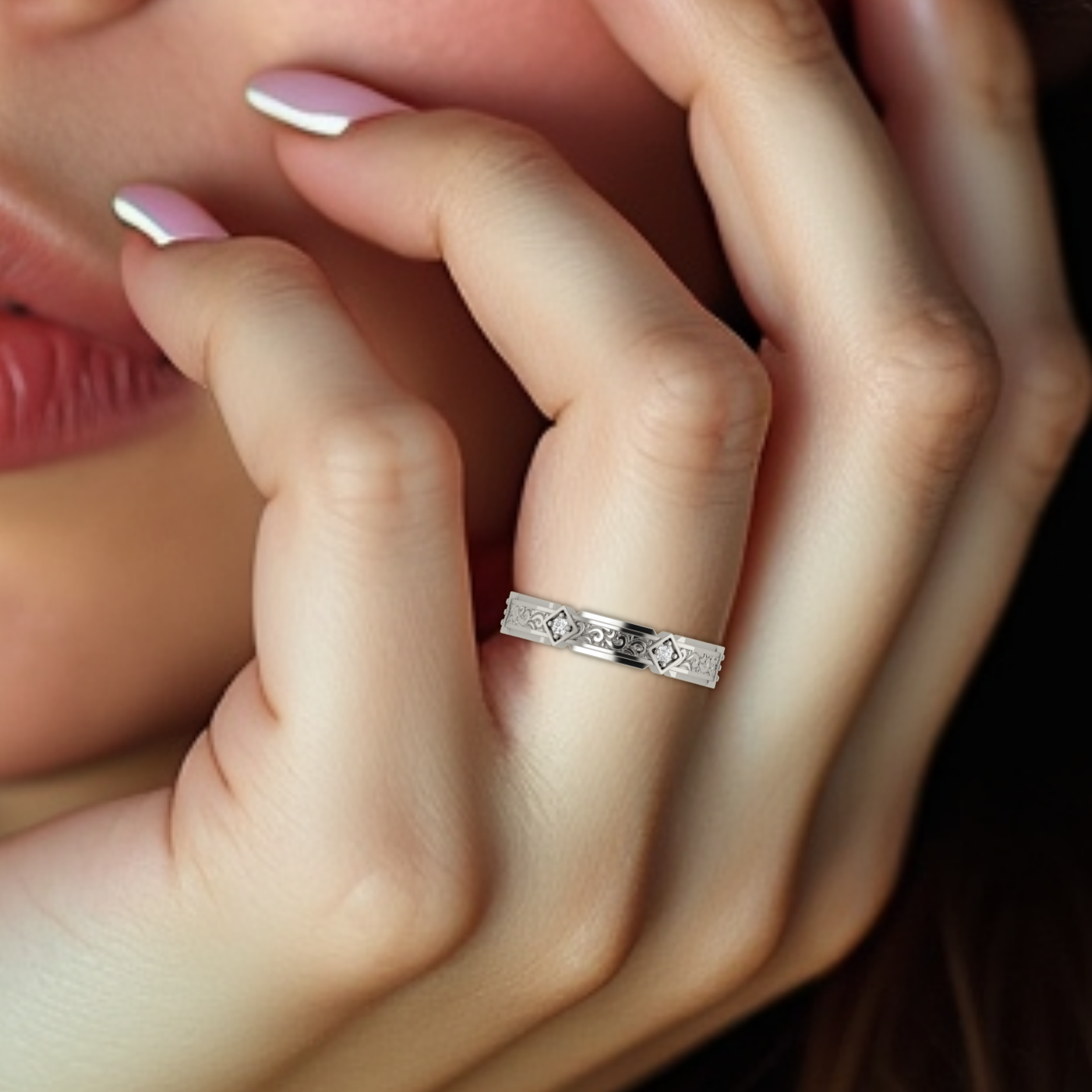 FLORENTIA. Hand-Carved Double-level Diamond Wedding Band