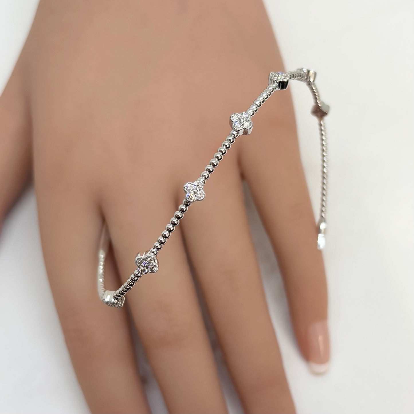 0.45 CT Diamond Clover 14K White Gold Flexible Dangle Bracelet, Handmade in Italy