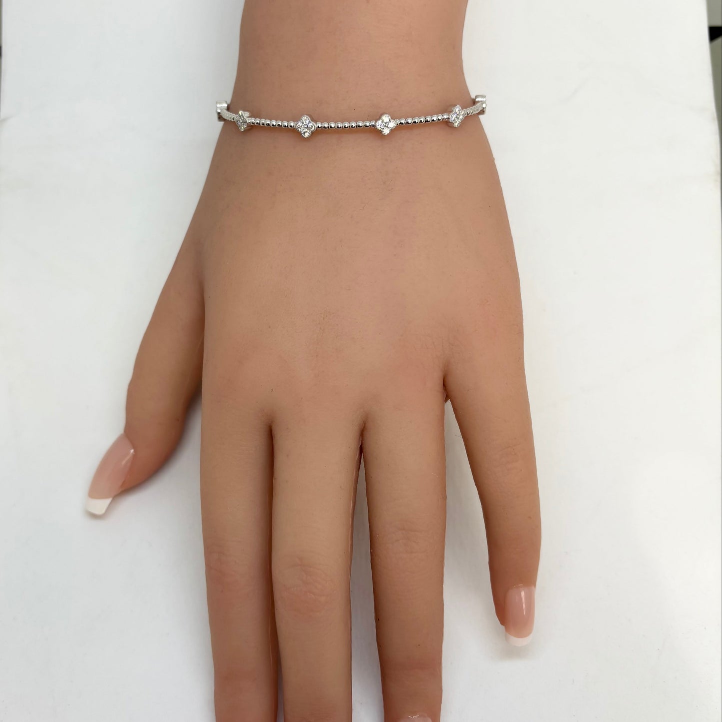 0.45 CT Diamond Clover 14K White Gold Flexible Dangle Bracelet, Handmade in Italy