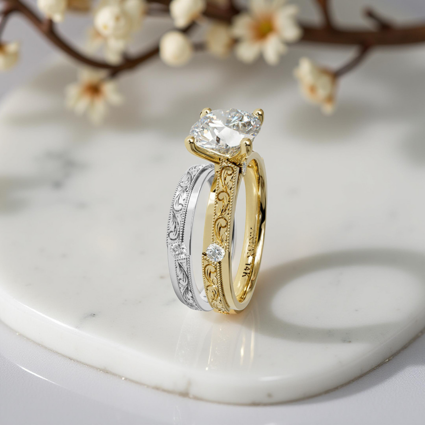 AMALFI-E. 14K Scrolls Hand-Engraved Diamond Engagement Ring