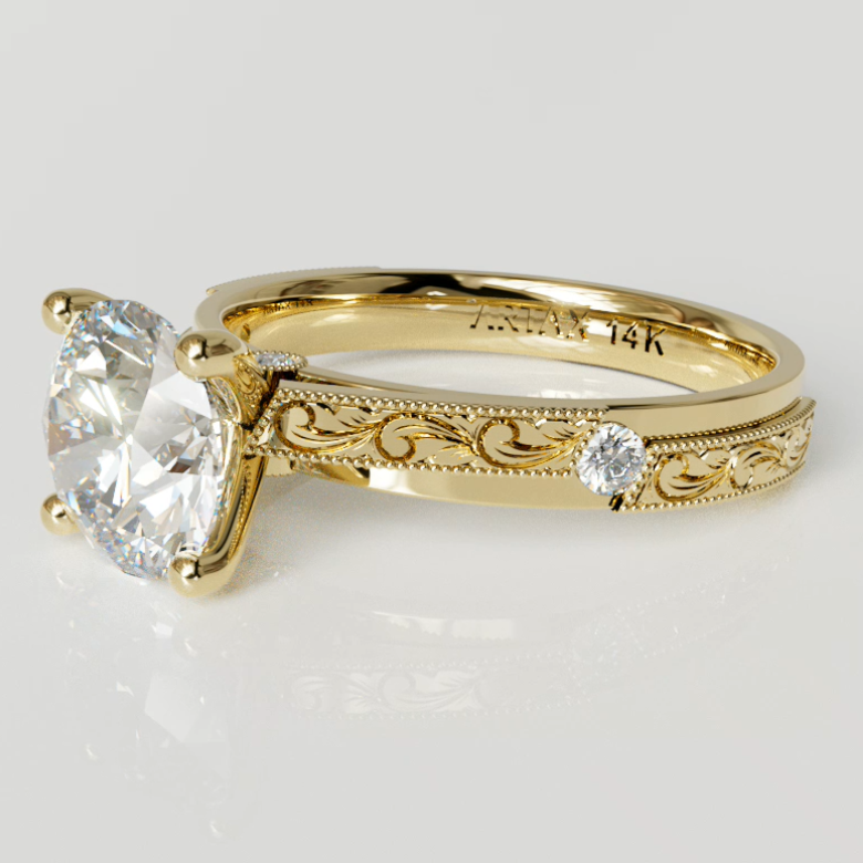 AMALFI-E. 14K Scrolls Hand-Engraved Diamond Engagement Ring