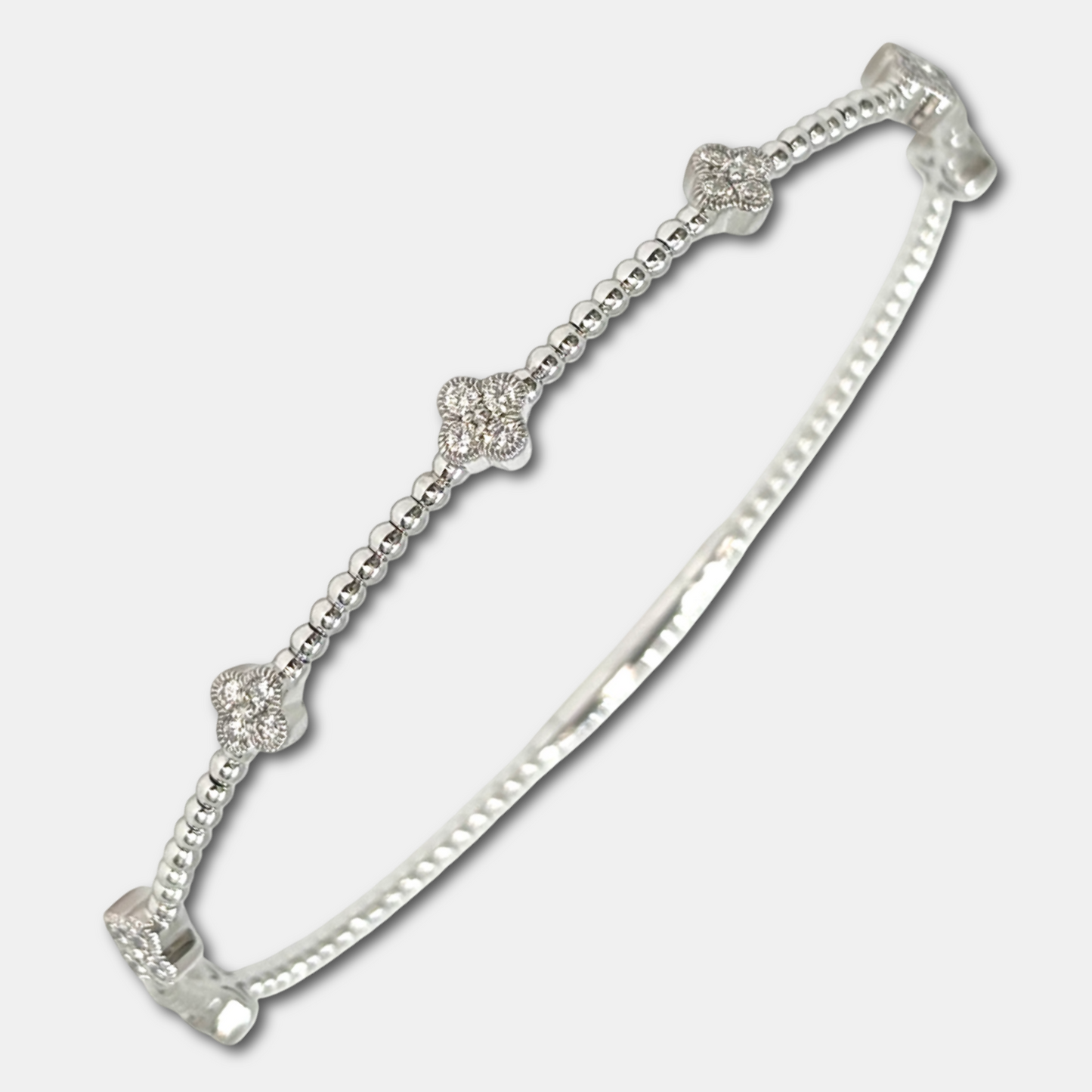 0.45 CT Diamond Clover 14K White Gold Flexible Dangle Bracelet, Handmade in Italy
