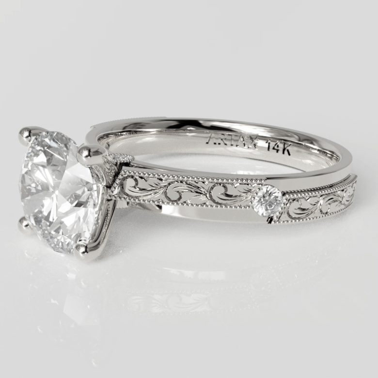 AMALFI-E. 14K Scrolls Hand-Engraved Diamond Engagement Ring