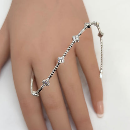 0.45 CT Diamond Clover 14K White Gold Flexible Dangle Bracelet, Handmade in Italy