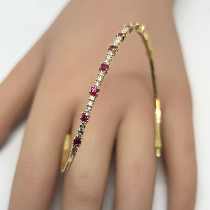 14K Yellow Gold 0.52 Ct Diamond and 0.63 Ct Ruby Flexible Dangle Bracelet, Handmade in Italy