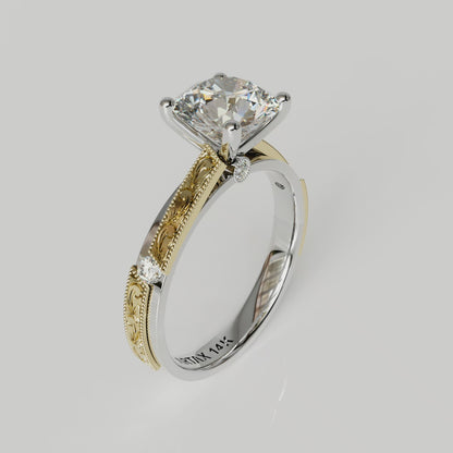 AMALFI-E. 14K Scrolls Hand-Engraved Diamond Engagement Ring