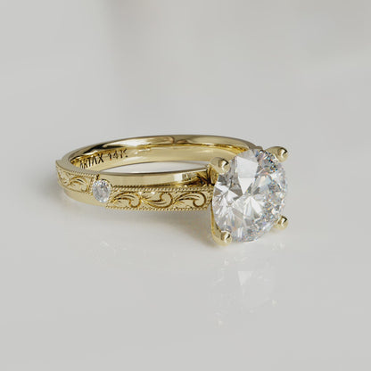 AMALFI-E. 14K Scrolls Hand-Engraved Diamond Engagement Ring