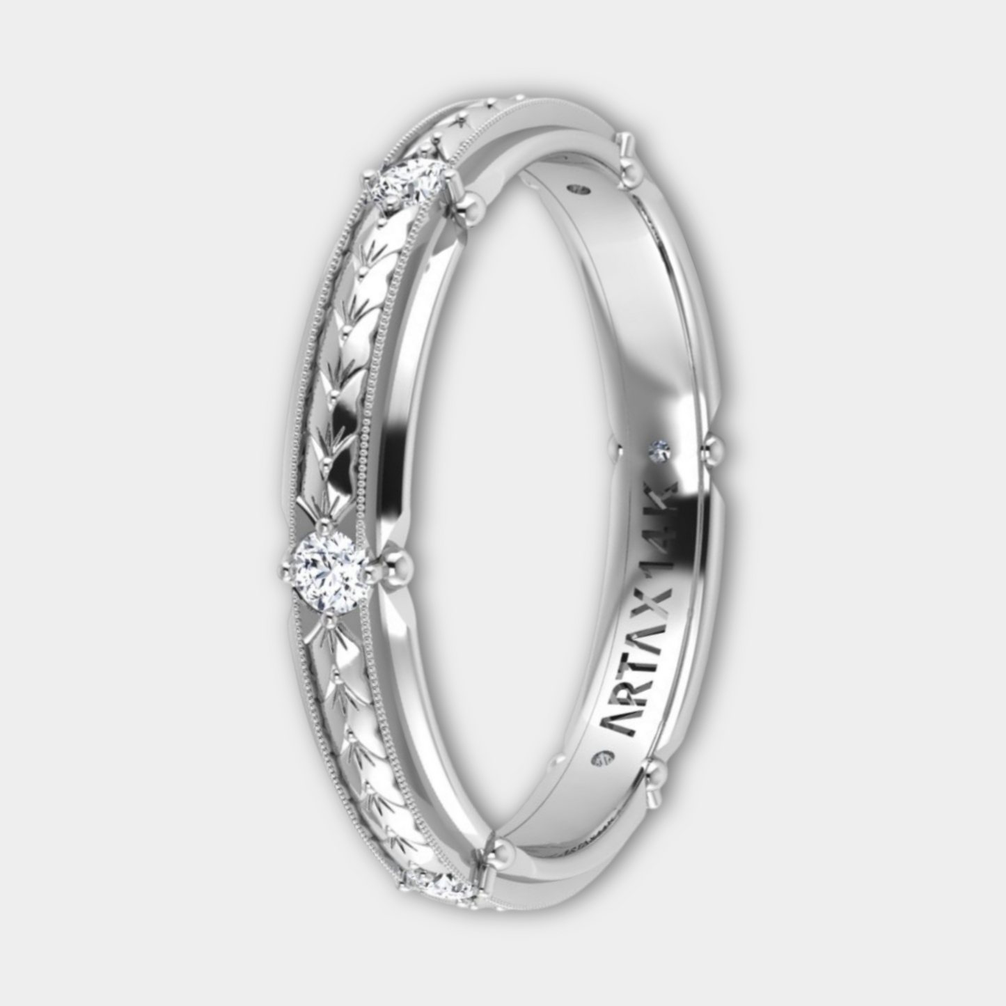 ROME | Hand-Engraved Two Level Diamond Pave Wedding Band, Stackable